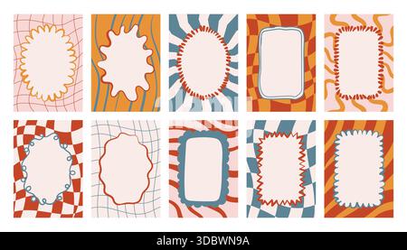 Groovige Poster-Kollektion mit Karomustern, Streifen und fließenden Wellen mit wunderbaren handgezeichneten Rahmen. Trippiger Retro-Look perfekt für die Moderne Stock Vektor