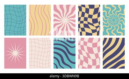 Grooviges Posterset mit wellenförmigen Linien, karierten Gittern und gestreiften Texturen in trendiger Y2K-Ästhetik. Trippiger Retro-Look mit Hippie-Vibes der 60er und 70er Jahre Stock Vektor