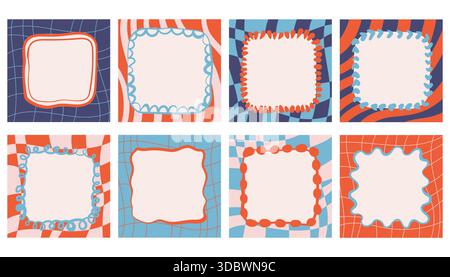 Set mit groovigen Retro-Postern mit karierten, gestreiften und welligen Texturen, verziert mit handgezeichneten Kritzelrahmen. Der skurrile Stil sorgt für verspielten Charme Stock Vektor