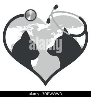 Illustration eines Hundes und einer Katze mit einem Stethoskop und einer Weltkarte auf weißem Hintergrund. Stock Vektor