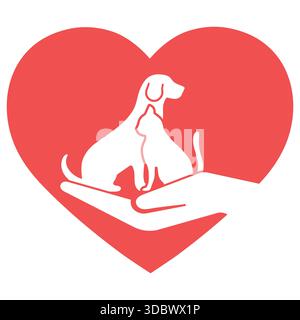 Illustration für die Pflege von Haustieren. Hund und Katze auf der Hand mit Herz auf weißem Hintergrund. Stock Vektor