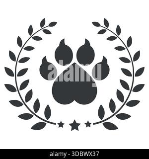 Illustration der Tierpfote im Lorbeerkranz, schwarz-weißes Vektorsymbol Stock Vektor