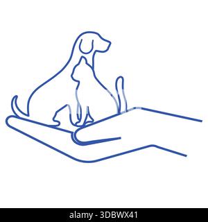 Die Hand hält einen Hund und eine Katze. Haustierpflegekonzept auf weißem Hintergrund. Stock Vektor