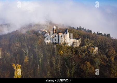 Aus der Vogelperspektive der alten Burg Frankenstein auf einem Hügel inmitten eines Meeres herbstlicher Bäume, umgeben von ätherischem Nebel, Mühltal, Hessen, GE Stockfoto