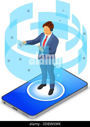 Isometrisches Online-Kundensupport-Konzept. Mobiles Callcenter mit Virtual man Consultant, Headset, Bewertung, Chat-Symbole, Mobiltelefon. Isometrische Personen Stock Vektor
