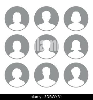 Set von männlichen und weiblichen Silhouetten des Avatars in grauem Kreis auf weißem Hintergrund Stock Vektor