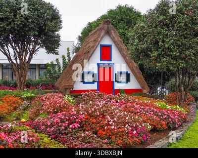 Farbenfrohe Häuser von Santana sind Touristenattraktion auf Madeira. Typische Häuser, dreieckige Form und mit Reh bedeckt, bekannt als Casas Típicas de Santana Stockfoto