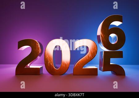 Goldene 3D-Zahlen, die von 2025 auf 2026 übergehen, symbolisieren Neujahrsfeier, Zukunft, Fortschritt und Wandel mit leuchtendem lila und blauen Licht Stockfoto