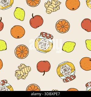Nahtloses Muster aus Honigglas und Früchten. Orangen- und Zitronen-Linien-Kunsttapete. Ingwer und Apfel Hand gezeichnet Hintergrund Stock Vektor