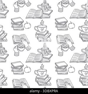 Line Art Teetasse steht auf einem Stapel von Büchern und Händen halten Tassen nahtloses Schwarz-weiß-Muster. Gemütliches Lesezeitintervall im Hintergrund Stock Vektor