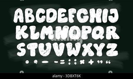 Kreidetafel mit weißen strukturierten Buchstaben. Isoliertes Buntstift-Blasenalphabet, Satzzeichen und Symbole. Verspielte handgezeichnete Kritzeleien für Design Stock Vektor