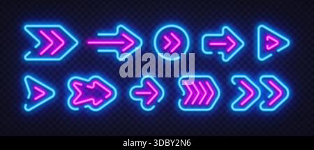 Elegante Neonpfeilsymbole mit glatten Konturen und leuchtendem Leuchten, die als zusammenhängendes Set angeordnet sind. Der moderne Look verleiht digitalen Layouts Energie und Klarheit Stock Vektor