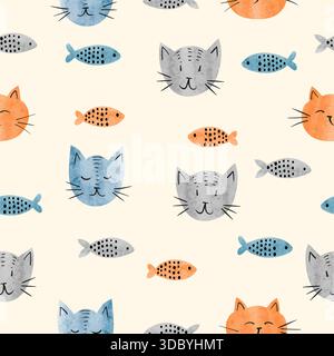 Nahtloses Katzen- und Fischmuster. Vektor-Kinderzimmer-Aquarellillustration Stock Vektor