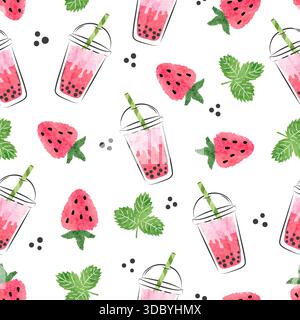 Nahtloses Muster aus Erdbeerperlen-Tee. Vektor-Hintergrund mit Frucht-boba-Getränk in Gläsern Stock Vektor