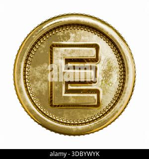 Goldenes Alter Münzbuchstabe E 3D-Rendering-Illustration isoliert auf weißem Hintergrund Stockfoto