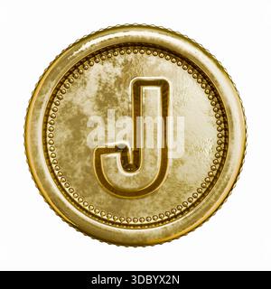 Goldenes Alter Münzbuchstabe J 3D-Rendering-Illustration isoliert auf weißem Hintergrund Stockfoto