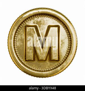 Goldenes Alter Münzbuchstabe M 3D-Rendering-Illustration isoliert auf weißem Hintergrund Stockfoto