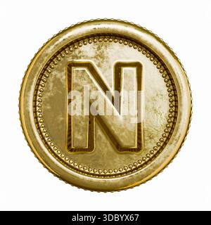 Goldenes Alter Münzbuchstabe N 3D-Rendering-Illustration isoliert auf weißem Hintergrund Stockfoto