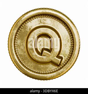 Goldenes Alter Münzbuchstabe Q 3D-Rendering-Illustration isoliert auf weißem Hintergrund Stockfoto