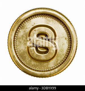 Goldenes Alter Münzbuchstabe S 3D-Rendering-Illustration isoliert auf weißem Hintergrund Stockfoto