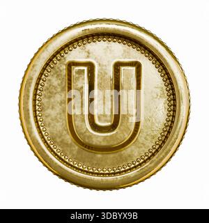 Goldenes Alter Münzbuchstabe U 3D-Rendering-Illustration isoliert auf weißem Hintergrund Stockfoto
