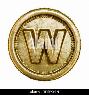 Goldenes Alter Münzbuchstabe W 3D-Rendering-Illustration isoliert auf weißem Hintergrund Stockfoto