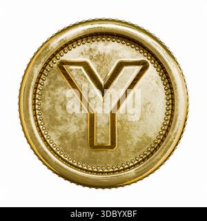Goldenes Alter Münzbuchstabe Y 3D-Rendering-Illustration isoliert auf weißem Hintergrund Stockfoto