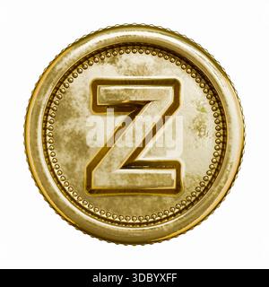Goldenes Alter Münzbuchstabe Z 3D-Rendering-Illustration isoliert auf weißem Hintergrund Stockfoto