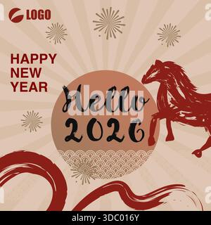 Abstrakte Pinselpferd Chinesisches Neujahrsgrußkarte 2026 mit Feuerwerk und Sunburst Hintergrund. Vektorabbildung Stock Vektor