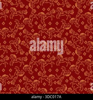 Nahtloses Musterdesign mit stilisierten chinesischen Pferden und kleinen Blumenornamenten. Vektor-Illustration Stock Vektor