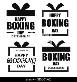 Happy Boxing Day Celebration mit Geschenkbox und Schleife Typographie Silhouette Sammlung Schwarz und weiß Vektor Illustration Stock Vektor