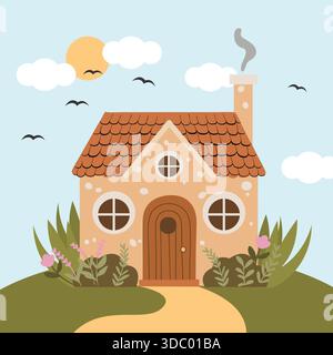 Niedliche, einfache Illustration eines Hauses im Cottagecore-Stil auf einem Hügel, umgeben von Gras und Blumen, unter einem sonnigen Himmel mit Wolken. Perfekt für Kinder Stock Vektor