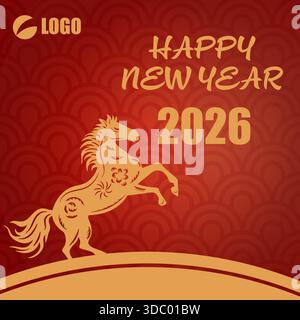 Happy New Year 2026 Grußkarte Jahr des Pferdes mit Aufzuchtpferd Silhouette und chinesischem Wellenmuster Hintergrund. Vektorabbildung Stock Vektor