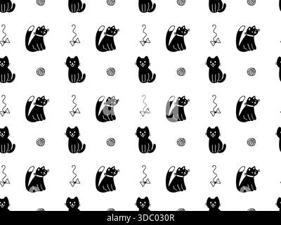 Handgezeichnetes nahtloses Muster mit schwarzen Katzen und Spielzeug. Netter Haustier Vektor Hintergrund Stock Vektor