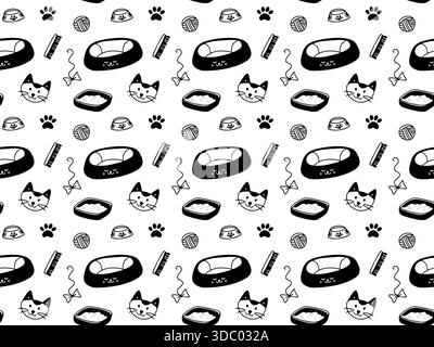 Handgezeichnetes nahtloses Muster mit Zubehör für Katzenpflege. PET liefert Vektorhintergrund Stock Vektor