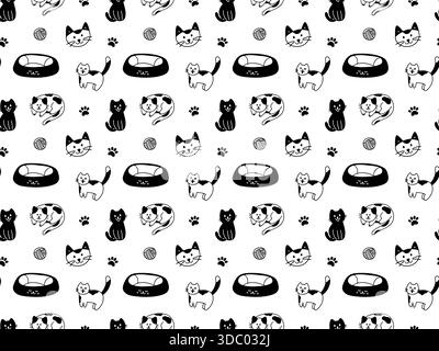Titel Hand gezeichnetes nahtloses Muster mit niedlichen Katzenfiguren. Schwarz-weißer PET-Vektor-Hintergrund Stock Vektor