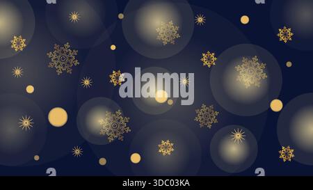 Goldene Glitzer Schneeflocken fallen auf dunkelblauen Hintergrund. Weihnachtsschmuck mit goldener Schneeflocke, Sternen, leuchtenden Lichtern. Luxuriöse Weihnachtsgirlande Stock Vektor