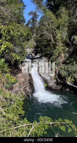 Der Wasserfall mit kristallklarem Wasser fließt sanft in die Lagune Laguna de los Patos in der chilenischen Maule-Region. Umgeben von einheimischen Wäldern. Stockfoto