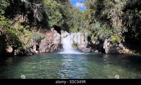 Der Wasserfall mit kristallklarem Wasser fließt sanft in die Lagune Laguna de los Patos in der chilenischen Maule-Region. Umgeben von einheimischen Wäldern. Stockfoto