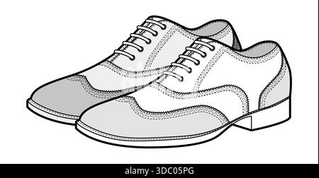 Zuschauer Herren Kleid Schuhe Skizzenpaar. Zweifarbiger oxford Derby Schnürschuh mit klassischem formellem Anzug. Technische Mode Illustration CAD Modell Skizze Vektor Frauen Unisex isoliert Stock Vektor