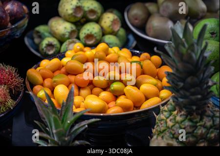 Auswahl an frischen exotischen Früchten wie Mango, tropische Drachenfrüchte, Litschi, Sternenfrüchte, bunt, saftig und mit natürlicher Süße und Nährstoffen, in Stockfoto