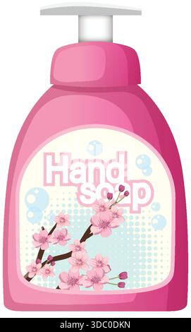 Vektor-Illustration der rosa Handseifenflasche, Kirschblütenaufkleber, Pastellfarben, sauberer Hintergrund Stock Vektor