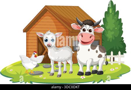 Zeichentrickfilm Kuh, Ziege und Huhn auf Gras mit Scheune, Baum und weißem Zaun Hintergrund Stock Vektor