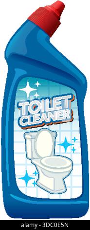 Vektorillustration der Toilettenreinigerflasche mit Etikett, blauem Kunststoff, roter Verschluss, sauberem Hintergrund Stock Vektor