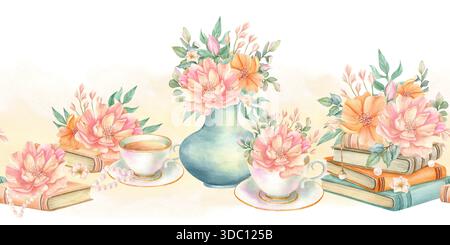 Nahtloser Rand mit Blumenaquarell. Blumen auf einem Stapel Bücher, Pfingstrosen in einer Tasse, Frühlingsstrauß in einer Vase, Perlenzubehör und Vintage-Literatur. Hand Stockfoto