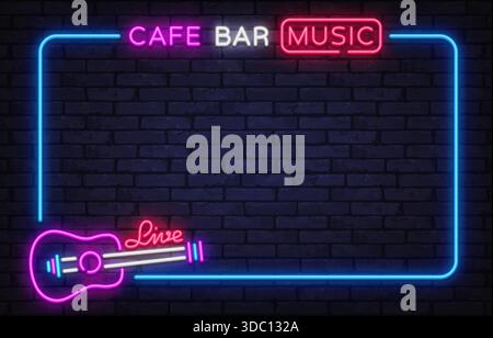 Lebendiger Neonvektor-Rahmen mit Café-Bar-Musik-Schild und leuchtender Gitarren-Ikone. Perfekt für Poster in der Lounge, Abendveranstaltungen und Live-Aufführungen. Stock Vektor