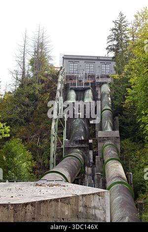 Wasserkraftwerk in der Nähe der Snoqualmie Falls, Washington, mit großen Rohren, die einen bewaldeten Hügel hinabsteigen, symbolisieren erneuerbare Energie und Energie Stockfoto