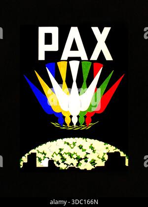 Albert Daenens - Friedensposter - dieses Bild ist ein Friedensposter mit dem Titel "PAX", was lateinisch für "Frieden" ist. Das Kunstwerk zeigt stilisierte, farbenfrohe Tauben, die ein universelles Symbol des Friedens sind und von Künstlern wie Pablo Picasso populär gemacht wurden. Unterhalb des Textes sind mehrere Tauben im Flug dargestellt, die eine Starburst- oder Fächerform bilden. Die mittleren Tauben sind weiß, während die seitlichen Tauben in hellblauem, gelbem, grünem und rotem Farbe mit überlappenden Flügeln gefärbt sind. Das Design erinnert an Bewegung und Harmonie. Stockfoto