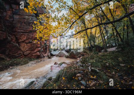 Fluss fließt durch die roten Sandsteinklippen von Penas Royas in Montalban, Teruel, Spanien Stockfoto