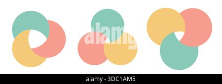 Runder venn-Diagrammsatz mit drei Kreisschnittstellen für Prozessablauf, Informationen zu Mitarbeiterbeziehungen oder minimalistische Präsentationsfolien. Stock Vektor